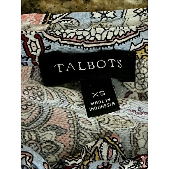 Talbots GARDEN PAISLEY TIE NECK TOP Womens' XS Blue Willow  peasant Boho - Picture 8 of 9